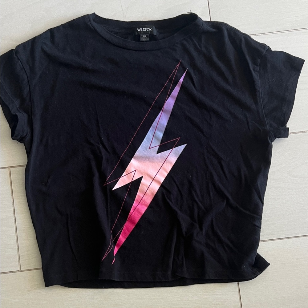 Wildfox Black Tee with Pink and Purple Lightning Bolt